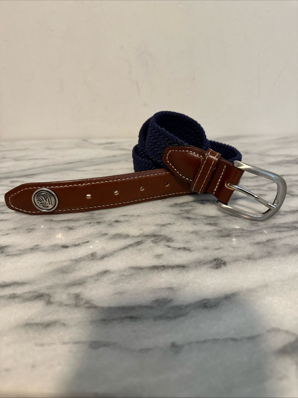 Men's Navy Woven Belt with Brown Leather Trim gold logo 34/35